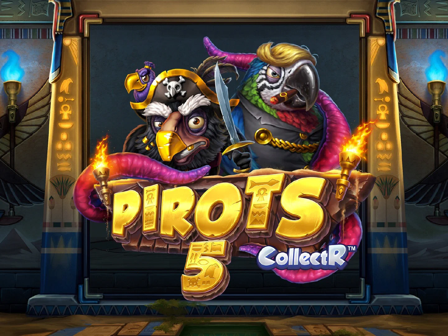 Pirots 5-logotypen med de två piratfåglarna framför tempelporten